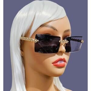 Sunglasses Women Black Rectangle Rimless with Gold Rhinestone Handles